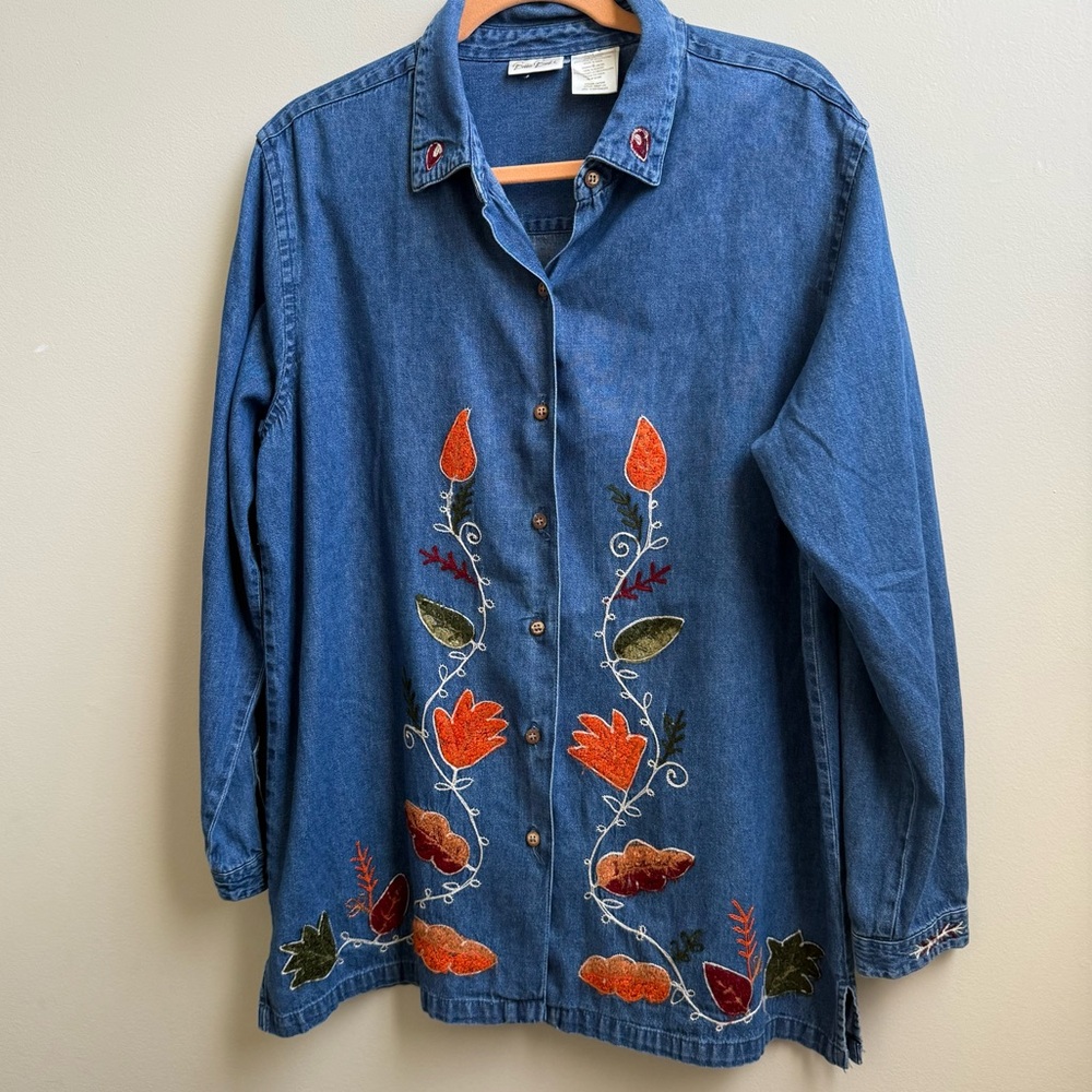 Vintage Bobbie Brooks Denim Button Down Embroidered leaves autumn Size L